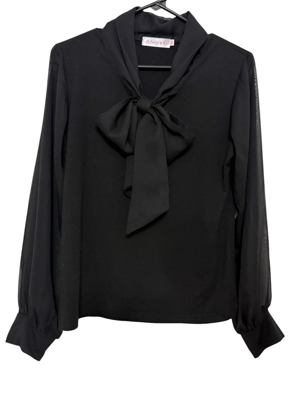 Black Sheer Sleeve Blouse with Sheer Pussycat Bow by Allegra K Size Medium